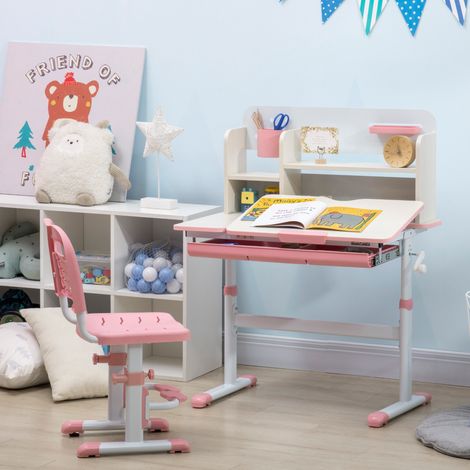 Ensemble bureau et chaise réglables pour enfants, table inclinable à 60° avec tiroir, plateaux et porte-crayons, convient aux enfants de 3 ans et plus, rose (1/5)