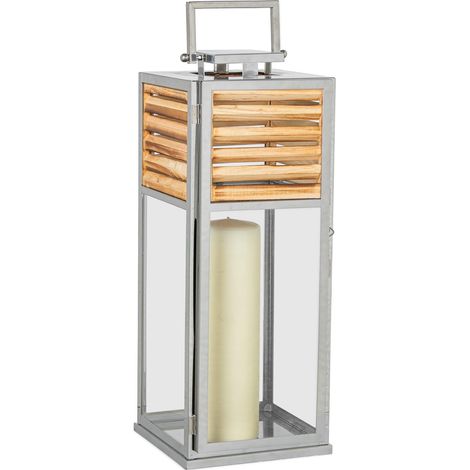Lanterne Porte-Bougie en métal sur Sol ou Table chromée et Bois 20 x 21 x 54 cm (1/5)