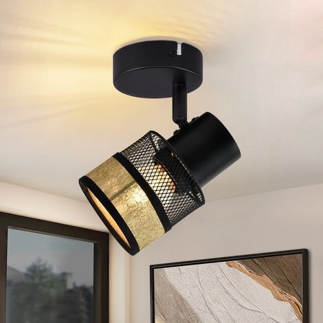 GBLY Deckenstrahler 1 Flammig Schwarz Deckenleuchte - Deckenlampe Flur Metall Vintage mit Gold Stoffschirm Deckenspot E27 LED Max.40W 330°schwenkbar für Wohnzimmer Schlafzimmer Küche Treppe