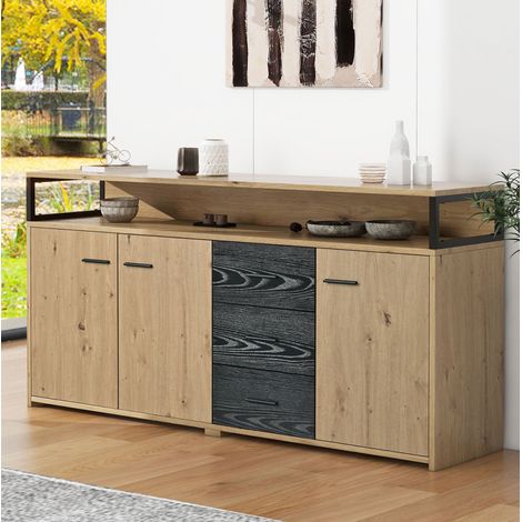 Sideboard industriel 150 x 35 x 75,9 cm avec 3 portes et 3 tiroirs, rangement noir et bois HAVRYA (1/5)