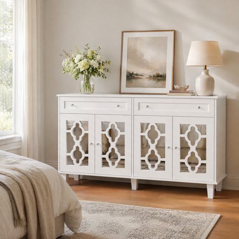 Buffet 140 x 40 x 83 cm avec 4 portes miroir, 2 tiroirs et étagère réglable, blanc DESVIAE (1/5)