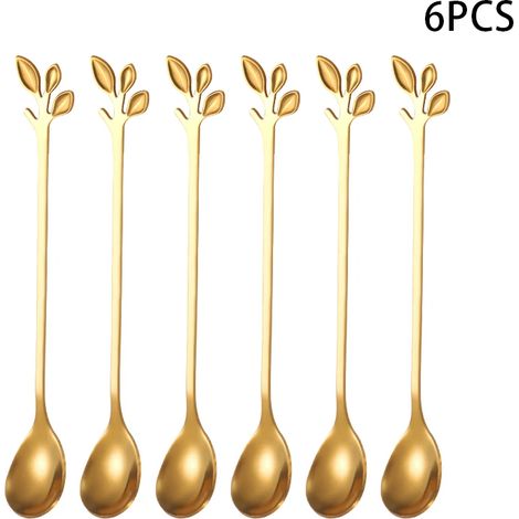 (Service doré 6 pièces) Cuillère à thé en forme de feuille, fourchette à thé, couverts à long manche en acier inoxydable, cuillère à glaçons, fourchette longue, cuillère à dessert, fourchette à fruits (1/5)