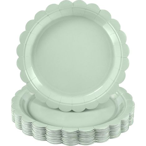 Lot de 30 Assiettes en carton, Bord festonné, Vert sauge, 22,9 cm, Anniversaire, Mariage