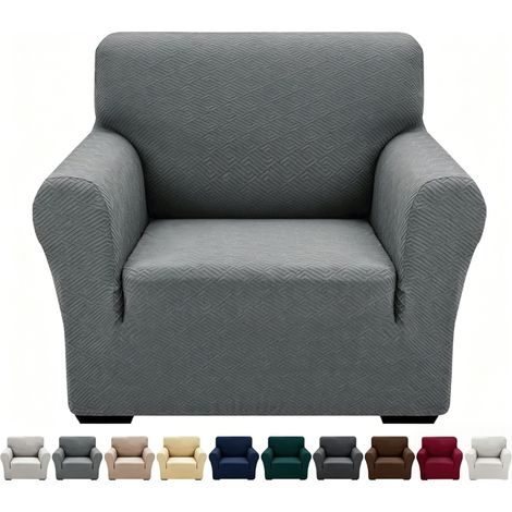 1 Housse de fauteuil extensible, Tissu jacquard doux, Protection animaux enfants, Pour salon 79-117 cm, Gris clair (1/5)