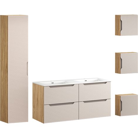 Doppelwaschtisch und Hängesäule 121cm Mallory mit 2 Schubladen, Beige und Holzoptik (1/5)