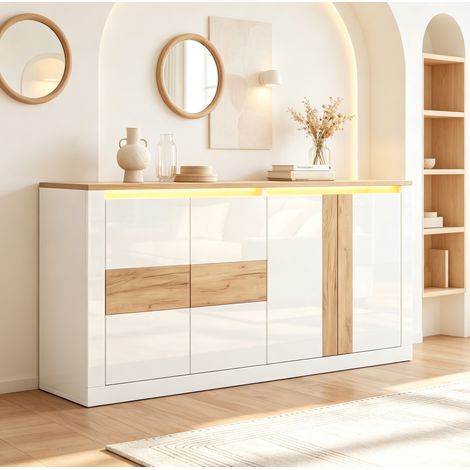 Sideboard 140 x 35 x 70 cm aus MDF mit 4 Türen und RGB-LED, Weiß Hochglanz und Eichenoptik (1/5)