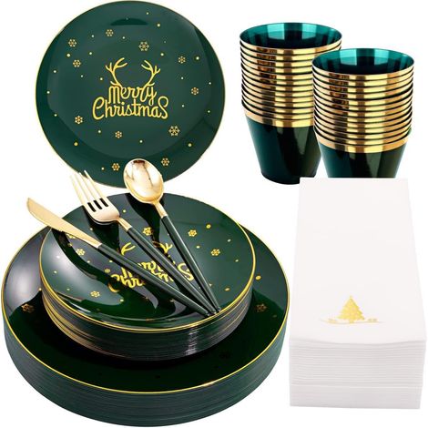 175 Pièces Réutilisable Vaisselle de Noël en Plastique Vert Bordée D'or - 25 Assiettes Plates, 25 Assiettes Salade, 25 Couteaux, 25 Fourchettes, 25 Cuillères, 25 Serviettes pour 25 Invités (1/5)