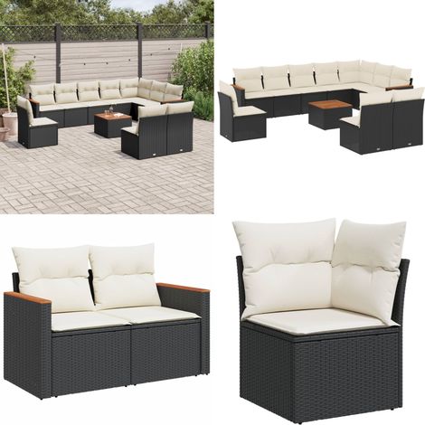 Salon de jardin 11 pcs avec coussins noir résine tressée - Ensemble Salon De Jardin - Mobilier Extérieur - Canapé Jardin - Table Jardin - Chaise Lounge - Home & Living (1/5)