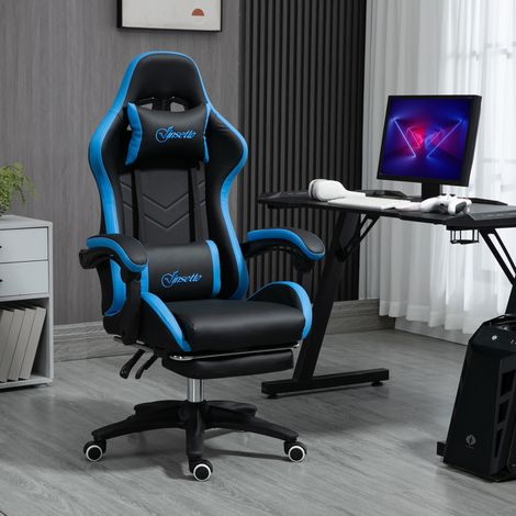 Gaming-Stuhl höhenverstellbar mit Fußstütze, 135° Liegefunktion, Blau/Schwarz (1/5)