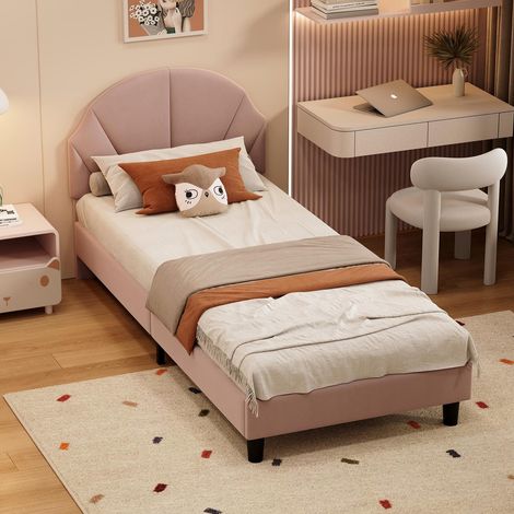 Kinderbett 90x200 cm, gepolstertes Bett mit höhenverstellbarem Kopfteil und Lattenrost, Samt, Hellrosa