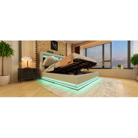 Lit rembourré double 160 x 200 cm, tête de lit de rangement avec ports USB et Type-C, éclairage LED à la tête et au pied du lit, avec rangement hydraulique, beige, lin, avec matelas. (1/5)
