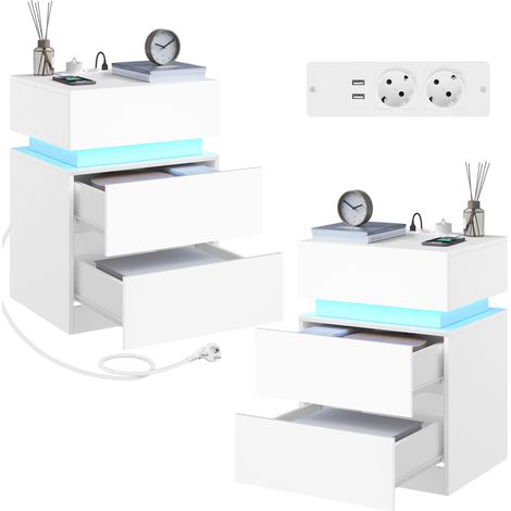 WOLTU Nachttisch 2er Set, Nachtschrank mit Ladefunktion, LED-Beleuchtung 25 Lichtfarben, Nachtschrank mit 2 Schubladen 1 Fach, Kabelführung, Nachtkommode Sofatisch, 40x55x35 cm, Weiß