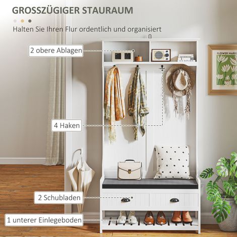 Porte-manteau mural avec patères, meuble d'entrée avec repose-chaussures, pour hall, couloir, en métal et MDF, couleur blanc et gris