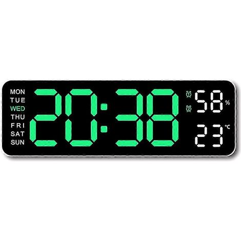 Large Digital Wall Clock LED Temperature Humidity 12/24H Green (1/5)