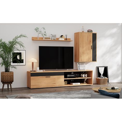 Ensemble mural tv 140 cm bois et noir, 3 éléments suspendus avec rangements modernes (1/5)