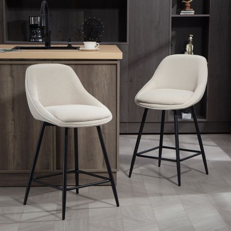 Set di 2 sgabelli da bar in tessuto di velluto a coste, con schienale curvo e poggiapiedi, dimensioni 49x52x88 cm, colore crema.