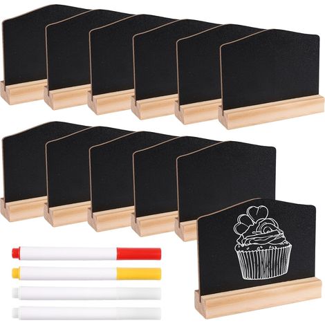 12 Pieces Mini Double Sided Slate with Wooden Stand 7.5 × 10 cm Mini Blackboards with 4 Chalk Reusable Mini Display Panels for Buffet Wedding Party Price Tag (1/5)