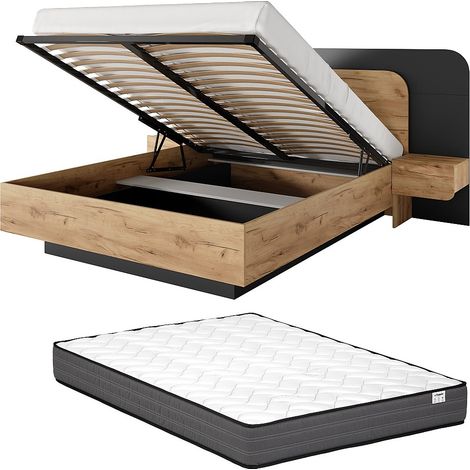 Lit coffre avec chevets 160 x 200 cm - Avec LEDs - Coloris : Naturel et anthracite + Matelas - DESADO