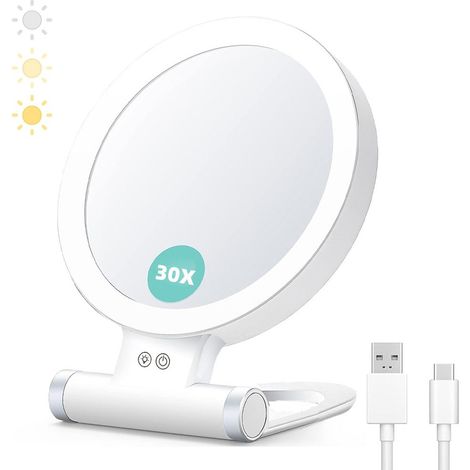 Miroir cosmétique à LED - 1 x / 30 x - Montage mural - Miroir de maquillage pliable, portable, idéal pour la table, la chambre, les voyages (1/5)