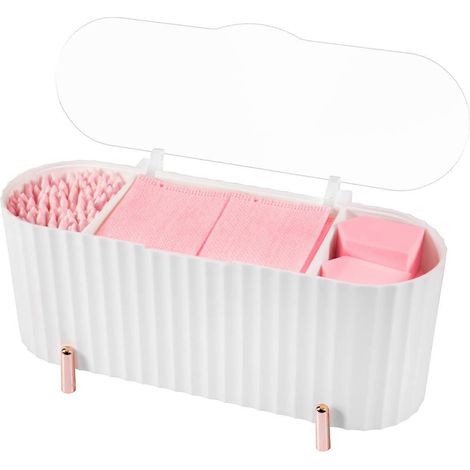 Boîte à cotons-tiges, distributeur de cotons-tiges blanc avec couvercle transparent, organisateur de maquillage à 3 compartiments pour coiffeuse et salle de bain (1/5)