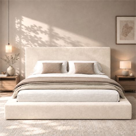 Lit Double Rembourré 160x200 cm, Design Bloc Moderne, Tête de Lit Épaisse de 12 cm, Côtés et Pied de Lit de 13 cm, Sommier à Lattes, Chenille Beige (1/5)
