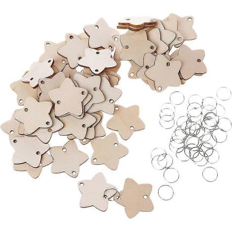 Lot de 50 rondelles de bois en forme d'étoile avec 50 anneaux métalliques pour suspendre un souvenir d'anniversaire. (1/5)