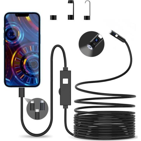 Double Lentille Endoscope Caméra Endoscopique 5M - 1980P 3 en 1 USB Endoscope Caméra d'inspection, IP67 Étanche avec 8+1 Lumières LED Sonde de 8 mm pour Android, iPhone (1/4)