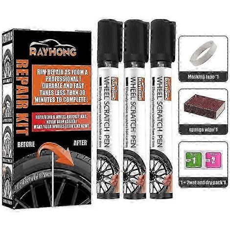 Kit de réparation universel pour jantes en alliage et en acier (3 pièces), réparation rapide et facile des rayures sur jantes noires. (1/4)