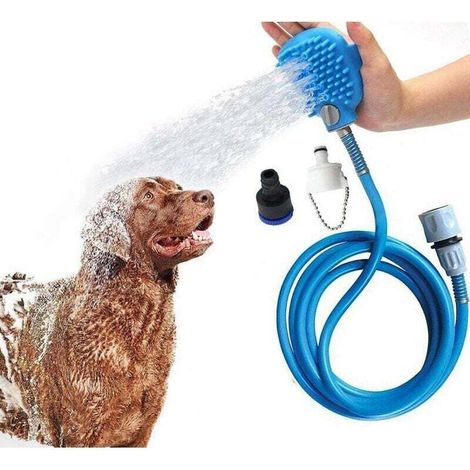 Pommeau de douche bleu pour animaux de compagnie avec brosse, tuyau en PVC de 7,5 pieds et 2 adaptateurs de tuyau pour chiens, chats (1/5)