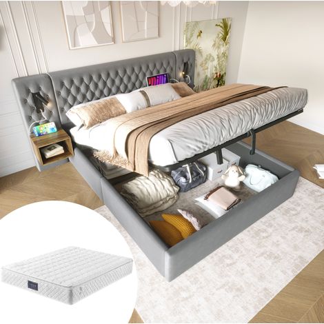 Cama 160x200 cm gris tapizada en terciopelo, con almacenaje, mesitas, USB y colchón (1/5)