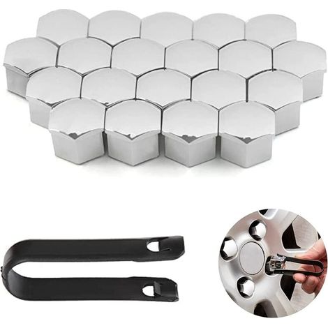 20 Pièces Capuchons d'écrou de Roue, 17 mm Anti-poussière Couvercle de Jante placage, Hexagonal Chrome Boulon Couvre Roue Cache-écrous, Argent (1/5)