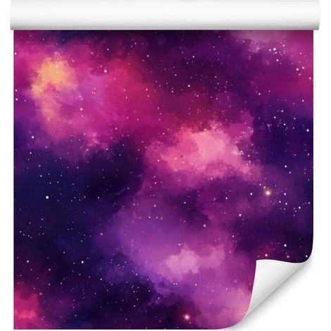 Papel pintado de acuarela con galaxia en tonos morados e índigo para salón y dormitorio, 50x1000 mm. (1/5)