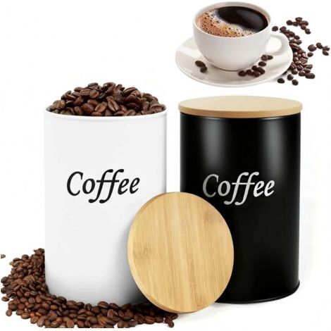 QORVA-Lot de 2 boîtes à café hermétiques (Noir & Blanc), 1000 ml avec couvercle en bambou – contenants pour grains de café, café moulu, dosettes & capsules – idéal pour cuisine, couples & amateurs de (1/5)