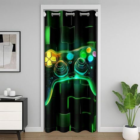 Rideau de Porte Enfant 106x203 Gaming Vert, Rideaux Occultant Ado Garcon Gamer Chambre Gaming, Rideau de Placard Jeux Vidéo Manette de Jeu, Rideaux Intérieurs Grille Géométrique Néon - 106L X 203H cm (1/5)
