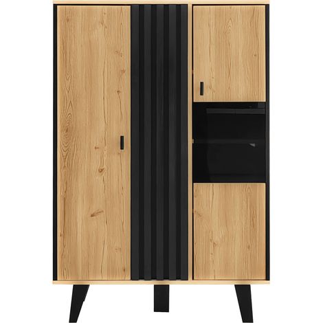 Meuble d'appoint en panneau de particules noir et bois avec éclairage LED, 80 x 120 x 40 cm (1/5)