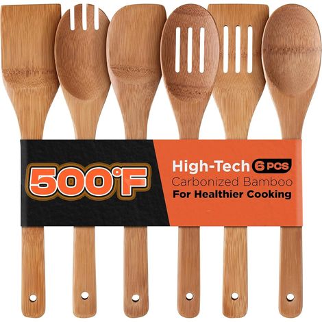 Cuillères bambou foncé set 6 pièces ustensiles cuisine antiadhésifs spatule-cuillère qualité premium (1/5)