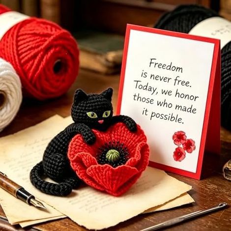 Portable Creative Novelty Crochet Black Cat with Poppy - B -