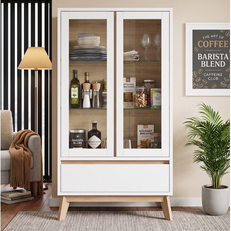 Mueble de almacenaje con cajones, estantes regulables 80 x 40 x 150 cm blanco y madera HAVRYA (1/5)