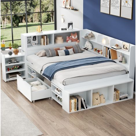 Cama infantil de contrachapado blanco 140x190 cm con almacenaje integrado y somier de láminas incluido (1/5)