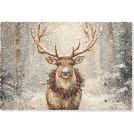 PAILLASSON Noël - Renne - Hiver - Couronne 60x40 cm (1/5)