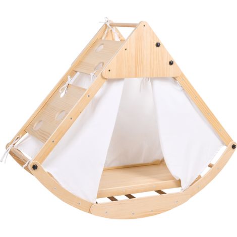 Conjunto de triángulo Pikler con arco de aprendizaje y rampa 4 en 1 Montessori estructura de madera para trepar marrón claro Calala (1/5)