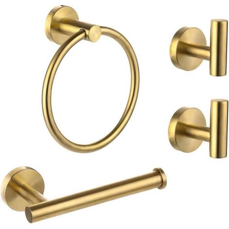Lot de 4 accessoires salle de bain, acier inoxydable 304, finition dorée brossée, design moderne, pour salle de bain contemporaine