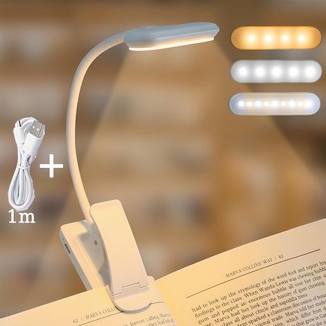 Weiße Klemm-Leselampe, USB-aufladbar, 3 Augenschutzmodi (weiß/kalt/gemischt), stufenlose Dimmung, 360° flexibler Hals. (1/5)