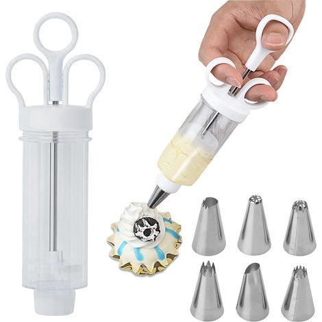 Pistolet à pâtisserie multifonction blanc – 6 embouts en acier inoxydable pour décorer les cupcakes, les pocher et plus encore