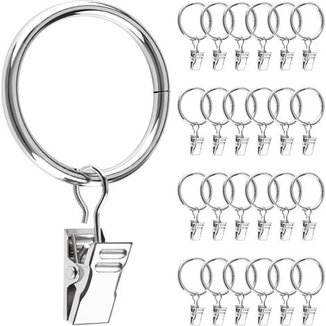 25 anneaux de rideaux métalliques avec pinces, diamètre intérieur 32 mm, pour tringles, fenêtres, portes, rideaux de douche, cordes à linge (argenté) (1/5)