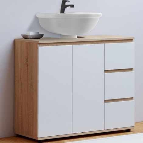Mueble de baño TOMI con armario y 3 cajones, acabado haya y blanco