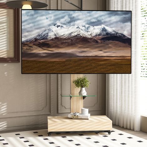 REDOM - Mueble TV móvil, soporte orientable, estante de vidrio templado ajustable, cajón, MDF metal, madera natural (1/5)