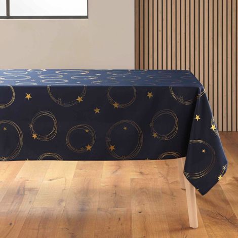 Nappe Antitache Imprimé "Star" 150x300cm Bleu Marine & Or (1/4)
