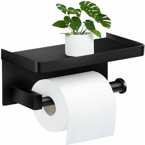 Porte Papier Toilette, Support Porte Rouleau Papier Toilette Mural sans Perage, Derouleur Papier Toilette WC avec Etagre, en Acier Inoxydable SUS304, pour Cuisine et Salle de Bain, Noir (1/4)