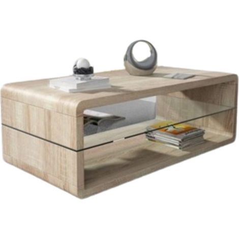 Mesa baja LEVIS – Diseño contemporáneo – Color roble – Tablero intermedio de vidrio
